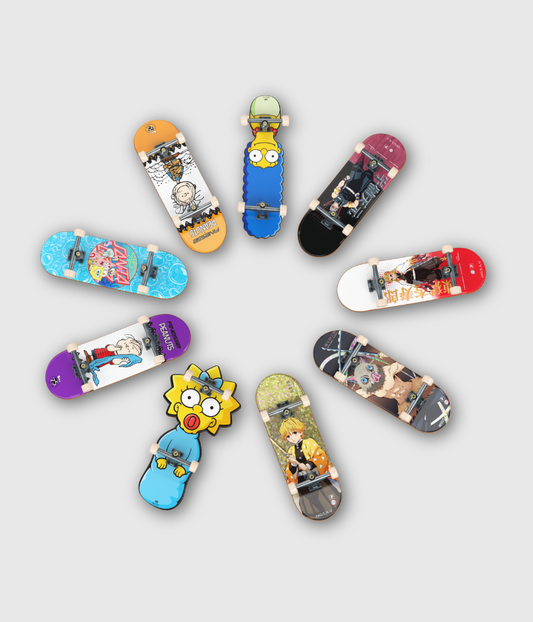 Eight miniature finger skateboards arranged in a circular pattern on a light gray background, each featuring different colorful cartoon and anime designs.