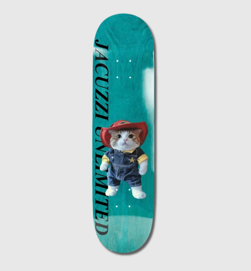 A skateboard deck featuring a turquoise background with a printed graphic of a cat dressed in a red cowboy hat and denim overalls, alongside vertical black text reading 'JACUZZI UNLIMITED'.