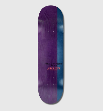 A skateboard deck shown vertically against a light gray background, featuring a split design with a purple woodgrain texture on the left and a blue woodgrain texture on the right. The brand name 'JACUZZA' is printed in pink on the lower half.